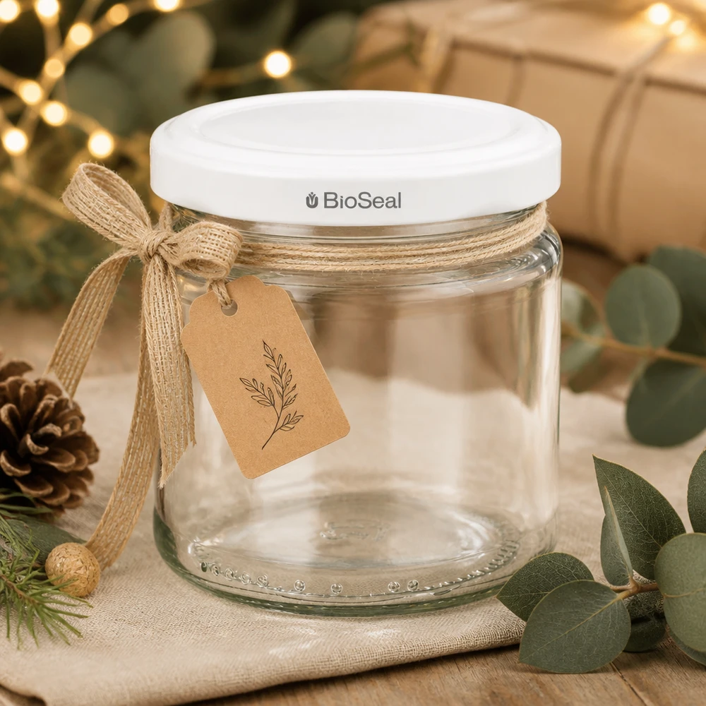 212ml rond glas met BioSeal deksel wit UNiTWIST UNiTWIST Runda212 feestelijk versierd met jute strik en cadeaulabel als kerstcadeau met witte TO66 deken
