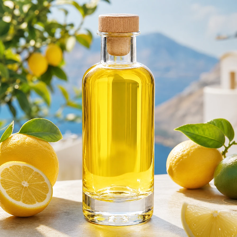 Ella 200ml glazen fles met houten kurk gevuld met gele olie omringd door verse citroenen in een mediterrane setting