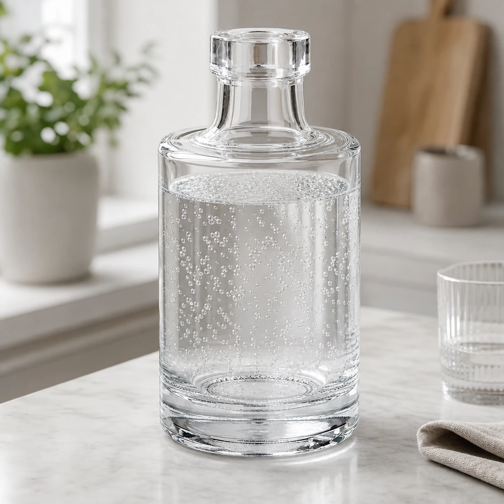 100 ml glazen fles Marie zonder sluiting UNiTWIST® 100ml glazen fles Marie met helder water en koolzuurbubbels in een elegante keukensfeer met glazen deksel