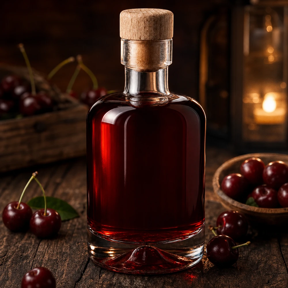 50 ml glazen fles Amelie met houten handgreep UNiTWIST 50ml glazen fles Amelie gevuld met donkerrode kersenlikeur tussen verse kersen rustiek gerangschikt op hout