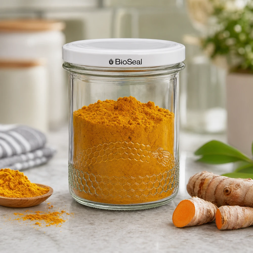Honingpot 560 g met witte BioSeal UNiTWIST-deksel Honingpot 400ml gevuld met kurkuma toont praktisch gebruik van het BioSeal deksel voor specerijen en keukenbenodigdheden
