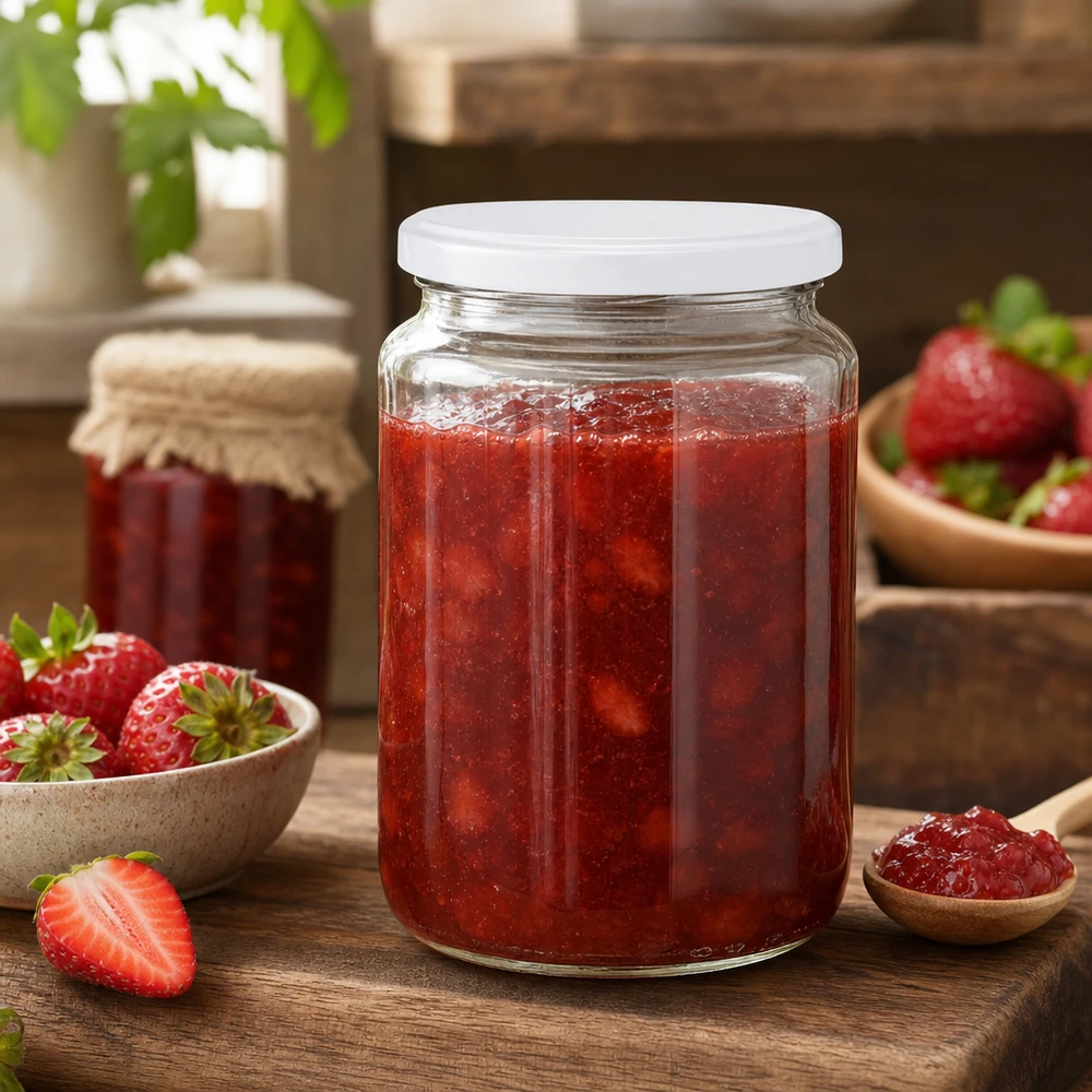 795ml rond glas met BasicSeal deksel wit UNiTWIST 795 ml ronde pot UNiTWIST gevuld met aardbeienjam is ideaal voor zelfgemaakte jam en conserven