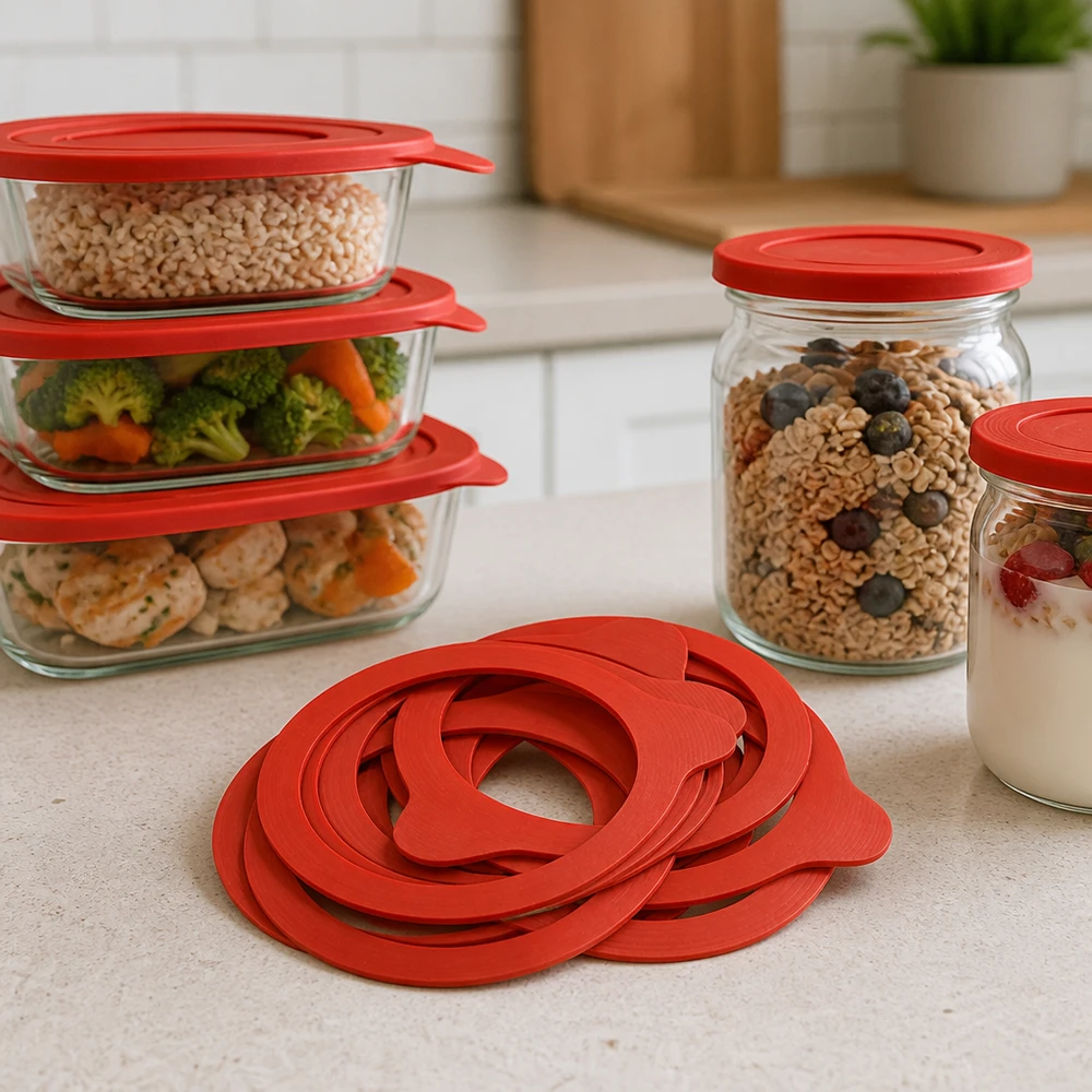 Inmaakring RR80 natuurrubber rood meerdere ringen op keukenblad met voorraadpotten Muesli Groenten Maaltijdbereiding