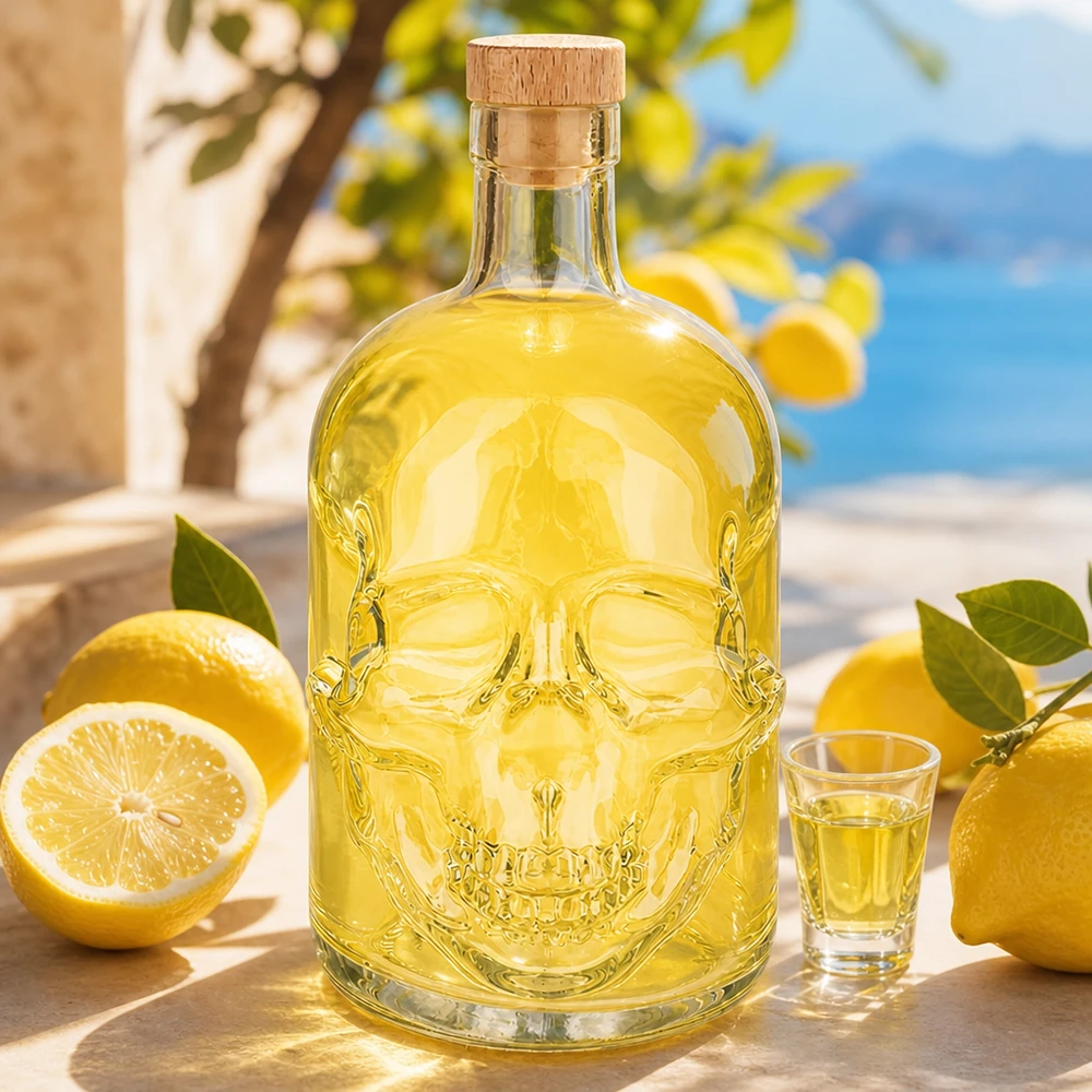 700 ml glazen fles Jack met houten kurk UNiTWIST® Glasflasche Jack 700ml mit gelber Flüssigkeit gefüllt neben Zitronen und Schnapsglas in mediterraner Kulisse