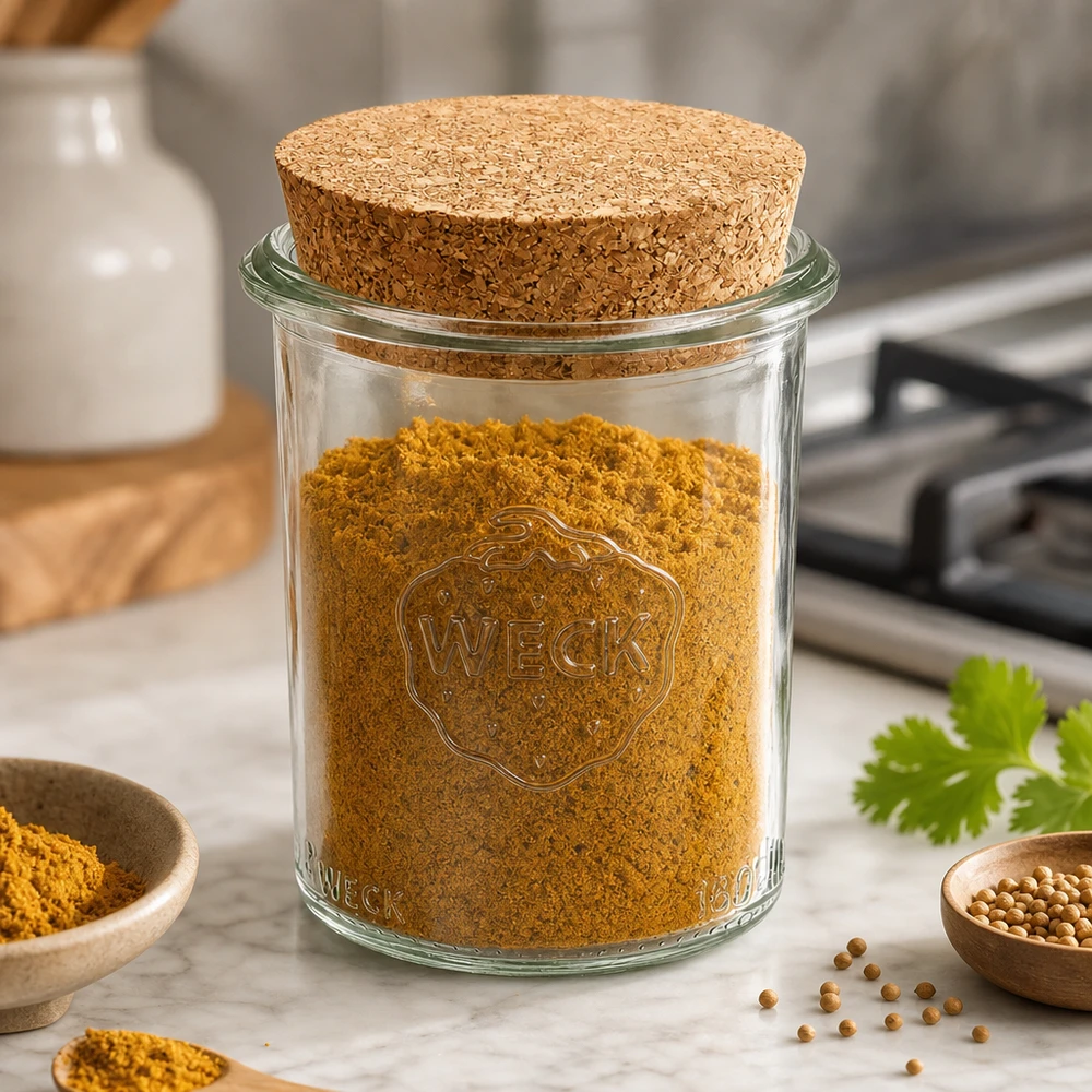 WECK voorraadpot 160ml RR60 met kurkdeksel gevuld met kurkumapoeder en specerijen op marmeren werkblad