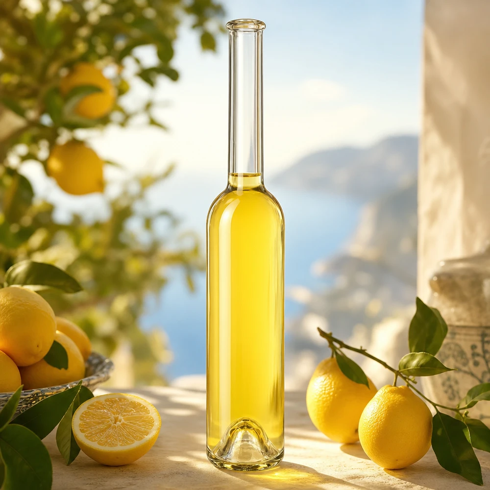 100 ml glazen fles Hugo zonder sluiting UNiTWIST® 100 ml glazen fles Hugo met citroenlikeur Limoncello Mediterrane sfeer Amalfikust Italiaanse specialiteiten UNiTWIS