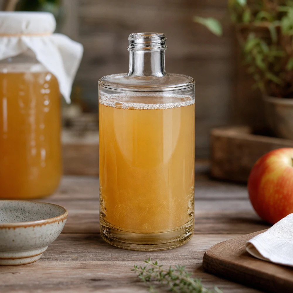 375 ml glazen fles Sam zonder schroefsluiting UNiTWIST® 375 ml glazen fles Sam gevuld met appelsap op een rustieke houten tafel versierd met een verse appel en een keramische kom