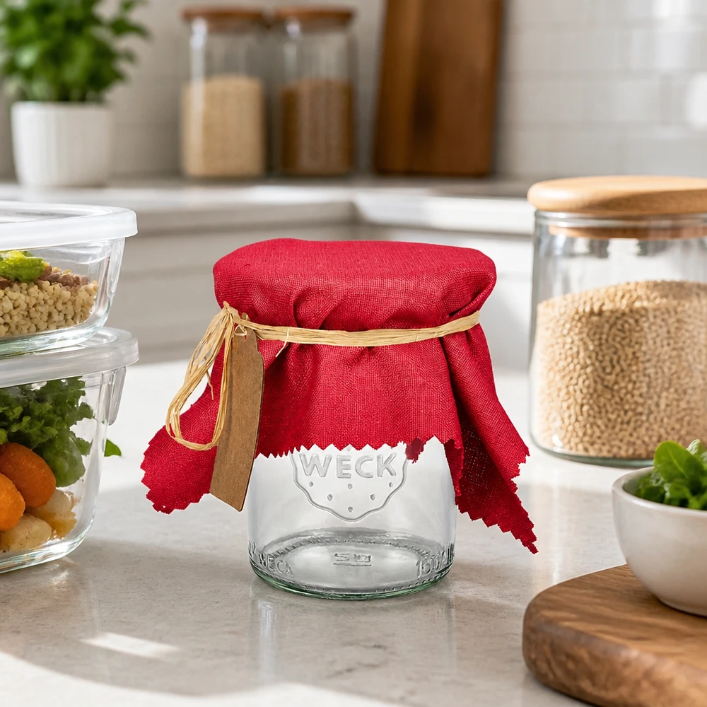 Bordeauxrode stoffen decoratieve doily 15cm op WECK pot in moderne keuken tussen voorraadpotten en kruidenpotjes