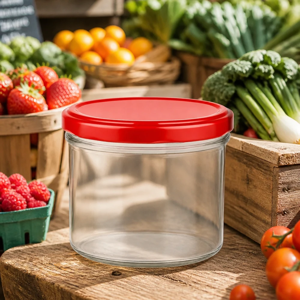 230ml cilindrische pot met BasicSeal deksel rood UNiTWIST 230ml cilindrische pot met rood deksel leeg op houten tafel omringd door vers fruit en groenten van de markt