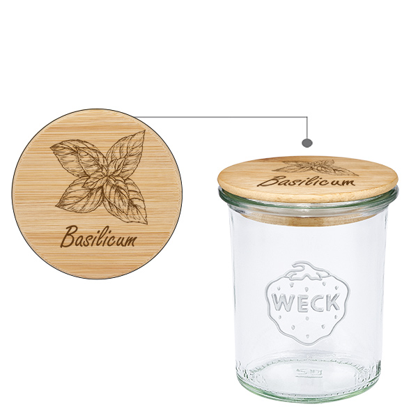 Houten dekselset "Basilicum" met WECK maatbeker 160ml Houten dekselset "Basilicum" met WECK maatbeker 160ml