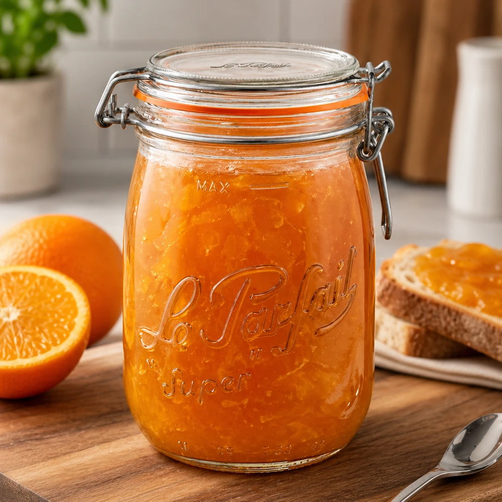 Le Parfait® pot 1 L Ø85 mm voorraad 1000ml Le Parfait Super voorraadpot met draaidop gevuld met sinaasappelmarmelade op houten plank met sinaasappels