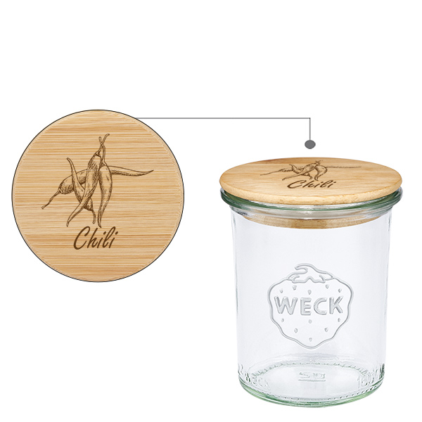 Houten dekselset "Chilli" met WECK steelpannen 160ml Houten dekselset "Chilli" met WECK steelpannen 160ml