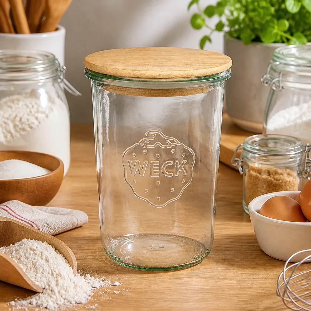 WECK bekers 850ml RR100 houten deksel keuken bakingrediënten bloem eieren keukengerei natuurlijke materialen