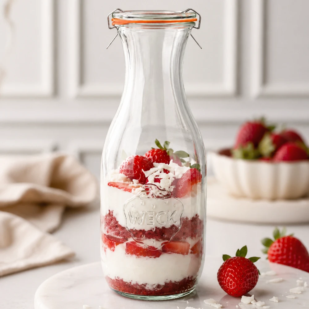1062 ml sapfles, compleet WECK RR60 WECK sap fles 1062ml RR60 als dessert pot gevuld met aardbeien crème gelaagde dessert keuken achtergrond wit
