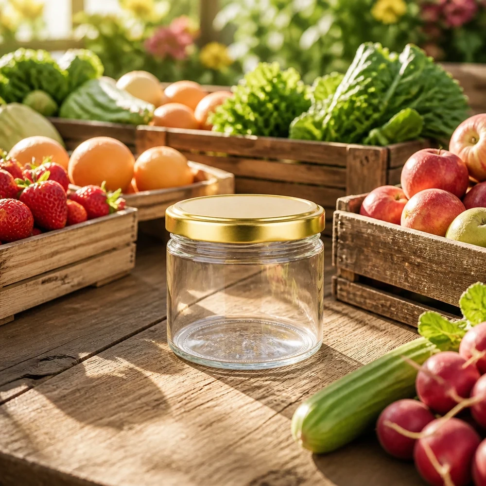 540ml rond glas met BasicSeal deksel goud UNiTWIST 540ml ronde pot met BasicSeal deksel goud tussen vers fruit en groenten op een houten tafel natuurlijke sfeer