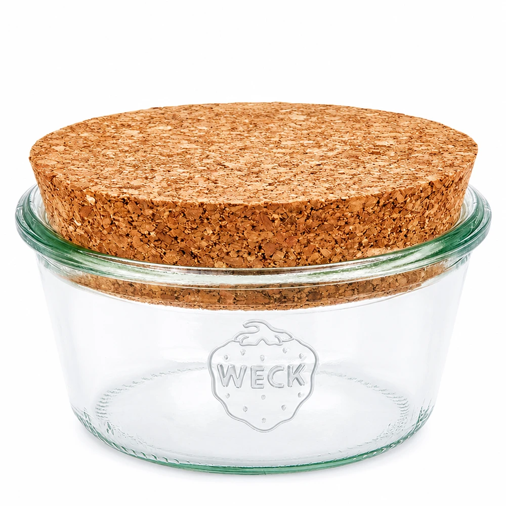 290 ml WECK RR100 mason jar met natuurlijke kurkstop lage vorm inmaakpot voor opslag