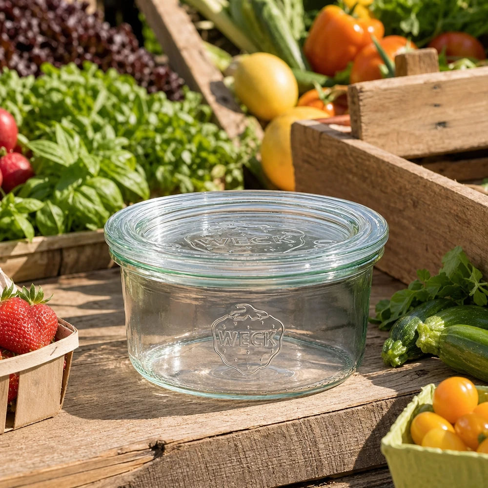 165ml stortglas met glazen deksel WECK RR80 WECK 165ml RR80 lege mason pot met glazen deksel tussen vers fruit en groenten op een rustieke houten tafel