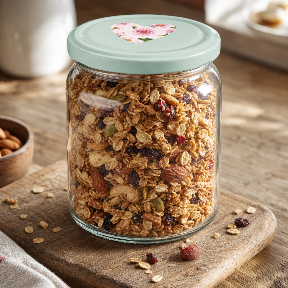 Ronde pot van 408 ml + deksel BasicSeal mint hart UNiTWIST 408ml ronde pot met BasicSeal deksel hart mint gevuld met muesli en noten als voorraadpot voor het ontbijt