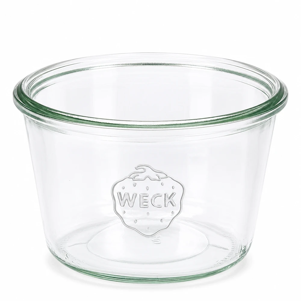 370ml stortglas WECK RR100 WECK beker 370ml RR100 transparant met groene rand en WECK logo in reliëf voor inblikken en conserveren