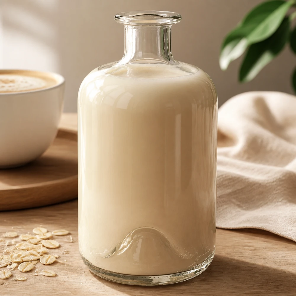 500 ml Apothekersfles 500ml Glasflasche "Luna" ohne Verschluss UNiTWIST zonder sluiting UNiTWIST® Apothekersfles Luna 500ml gevuld met romige havermelk naast koffiekopje en havermout op houten tafel