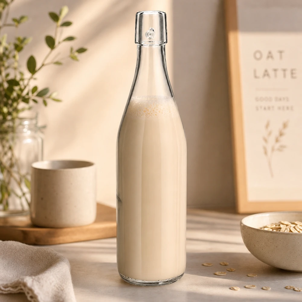 500 ml glazen fles zonder draaidop UNiTWIST 500ml UNiTWIST glazen fles gevuld met havermelk in een natuurlijke keuken met havervlokken als een gezonde levensstijl scene