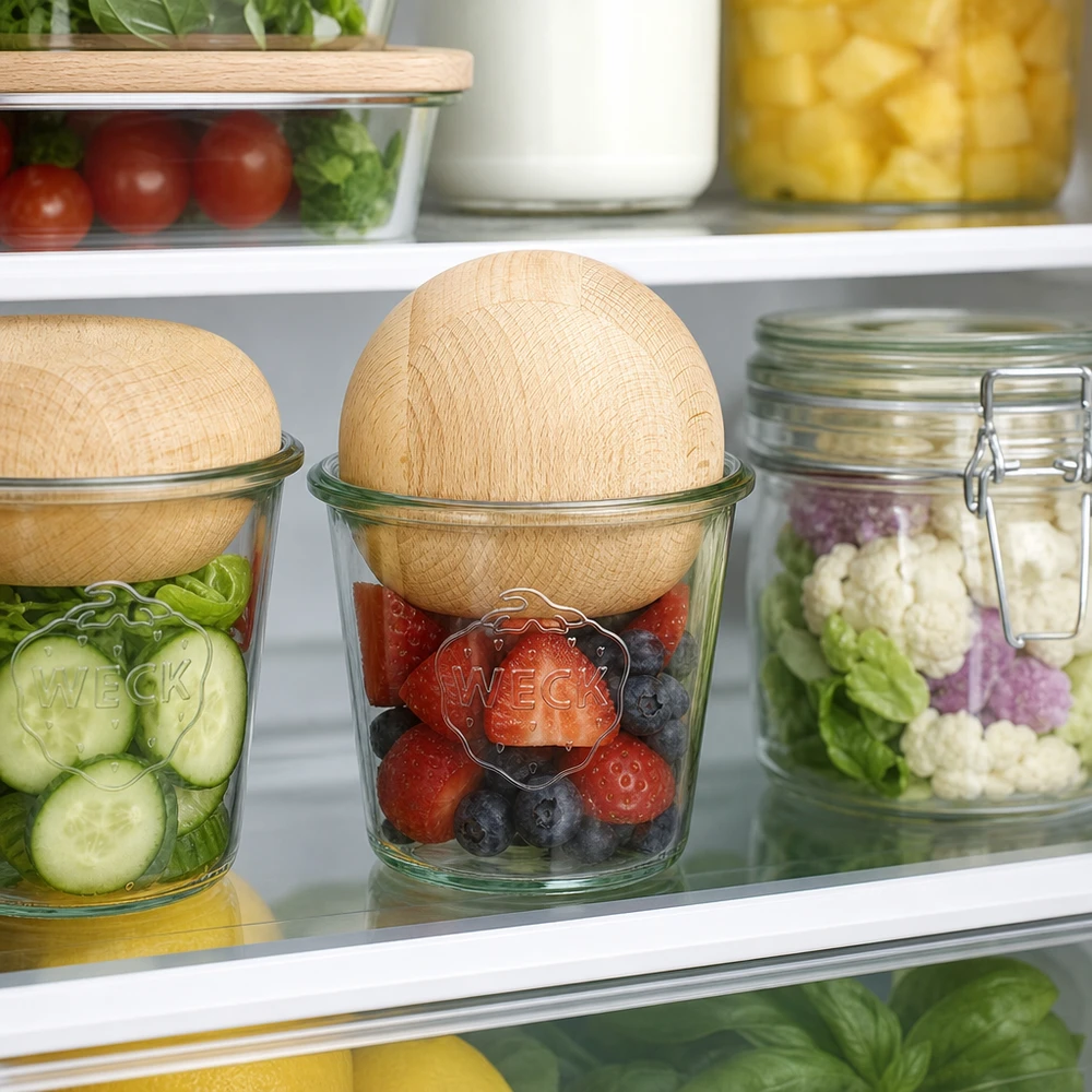 580ml stortglas WECK RR100 met houten bal WECK Sturzglas RR100 580ml mit Buchenholzkugel zur Frischehaltung von Beeren und Gemüse im Kühlschrank
