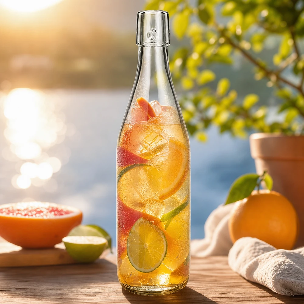 500 ml glazen fles zonder draaidop UNiTWIST 500 ml UNiTWIST glazen fles gevuld met ijsthee en fruit voor zomerse verfrissing buiten met citrusvruchten