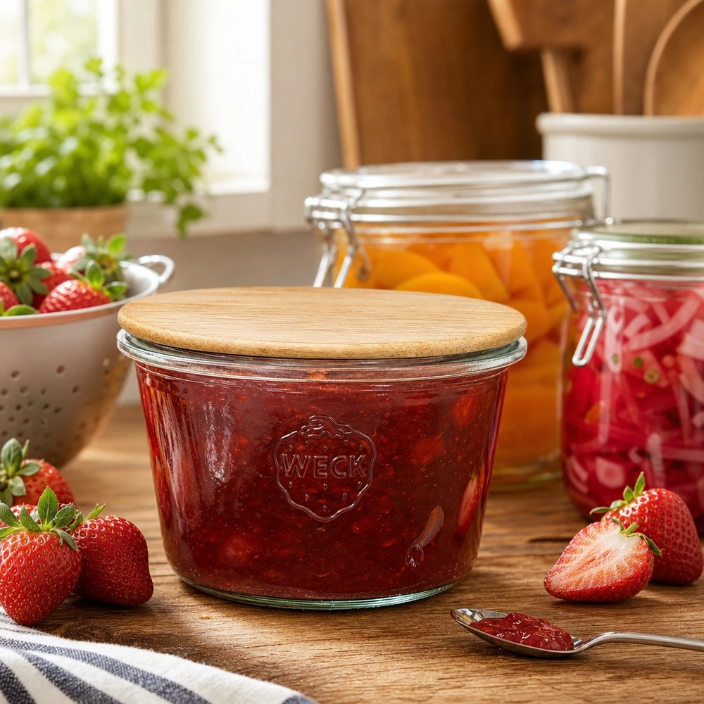 WECK RR100 tuimelpot gevuld met aardbeienjam in keukensfeer met verse aardbeien en inmaakpotten