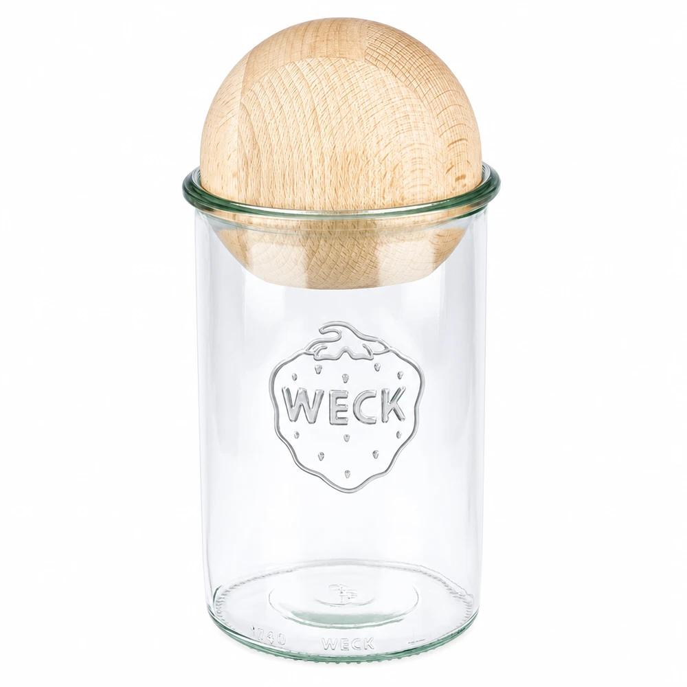1000ml stortglas WECK RR100 met houten bal WECK beker 1000ml RR100 met beukenhouten boldeksel, inmaakpot met logo op witte achtergrond