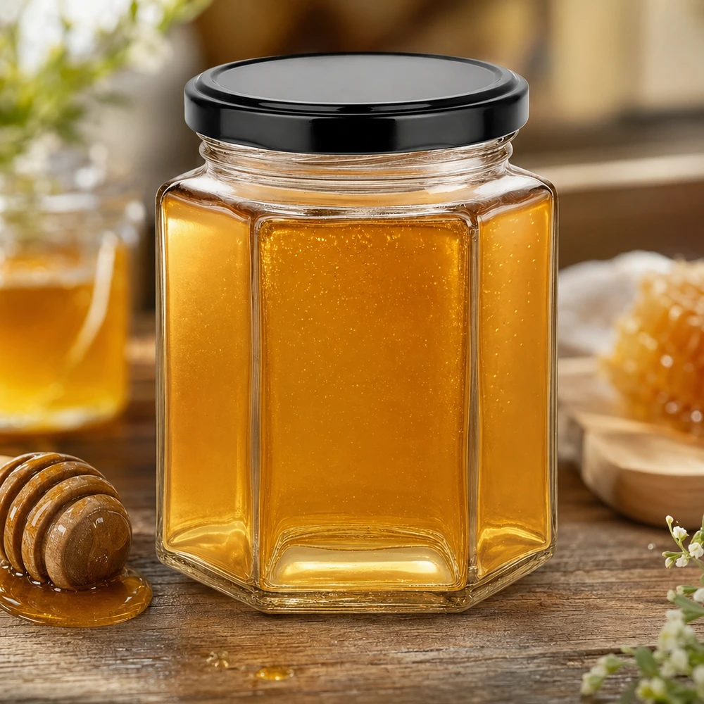 196ml hexaglas met BasicSeal deksel zwart UNiTWIST 196ml hexa pot met zwart deksel gevuld met goudgele honing op een rustieke houten tafel met honinglepel en bloemen