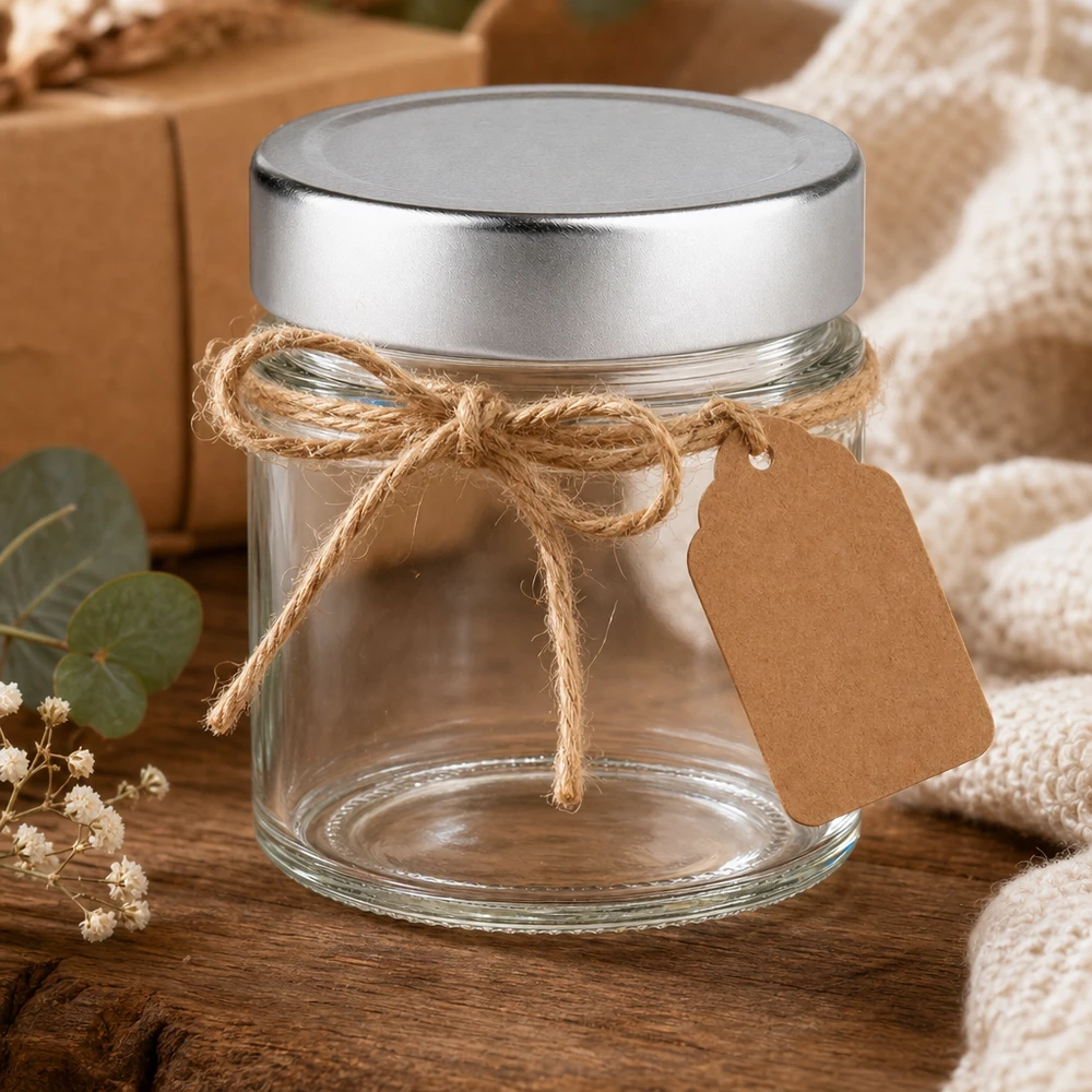 135ml rond glas met BasicSeal deksel zilver deep UNiTWIST 135 ml ronde pot met zilveren deksel decoratief met jute koord en kraftpapier label rustieke geschenkverpakking