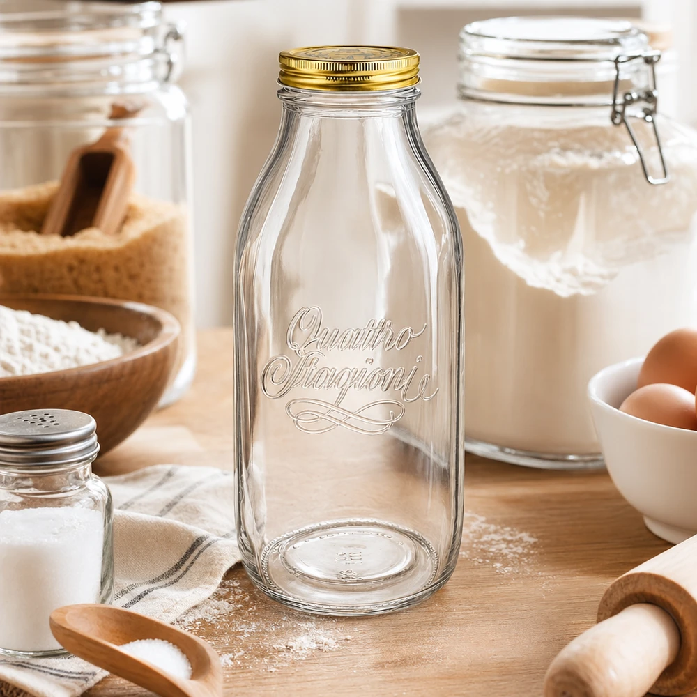 Quattro Stagioni 1000ml glazen fles gerangschikt in een rustieke keuken met bakingrediënten, bloem, eieren en houten keukengerei
