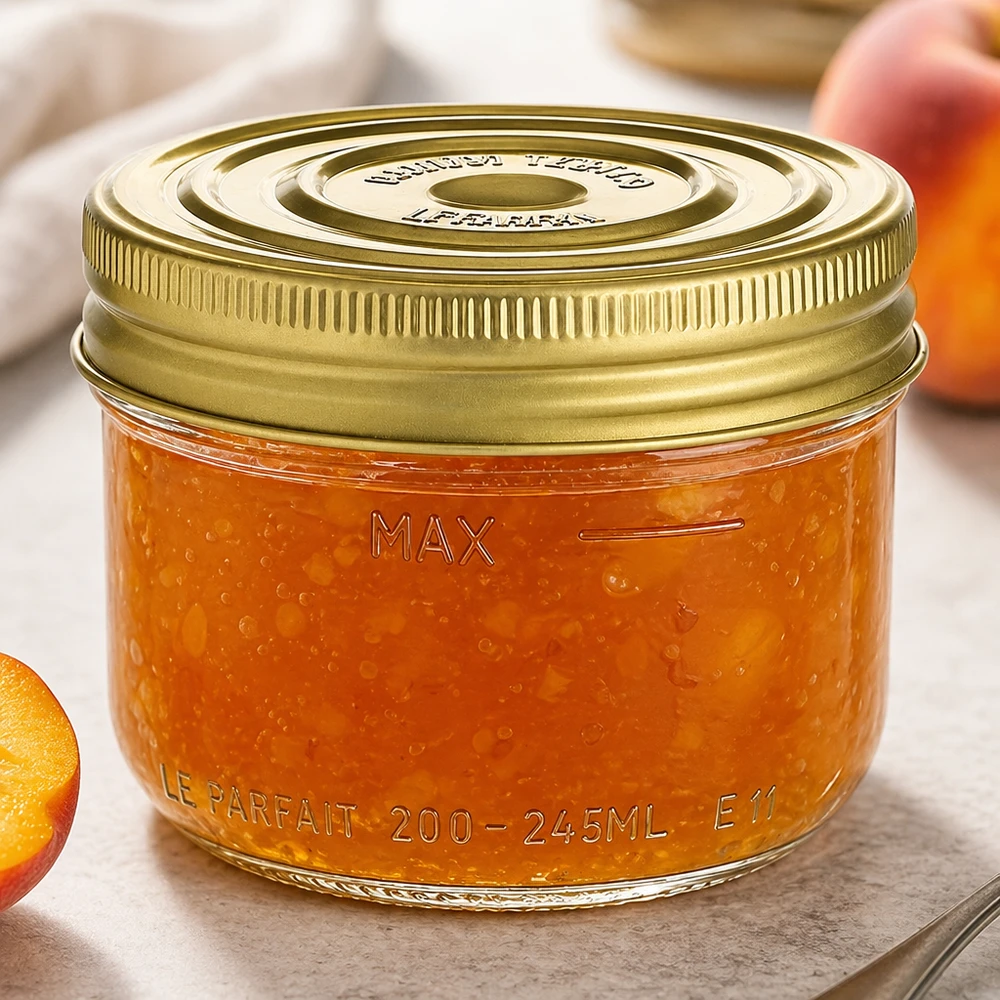 Le Parfait® Familia Wiss 200 g Ø82 mm pot 245ml Familia Wiss bekers met gouden schroefdeksel gevuld met sinaasappeljam op een houten tafel