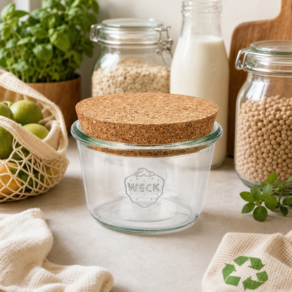 370ml stortglas WECK RR100 met kurk WECK RR100 370ml mason jar met kurkdeksel in duurzame zero-waste keuken met voorraadpotten en biologische producten