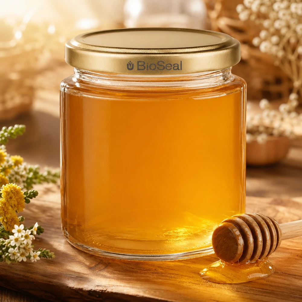 Honingpot 350 g met gouden BioSeal UNiTWIST-deksel 250 ml honingpot gevuld met gouden honing, BioSeal deksel en honinglepel, natuurlijke presentatie met bloemen
