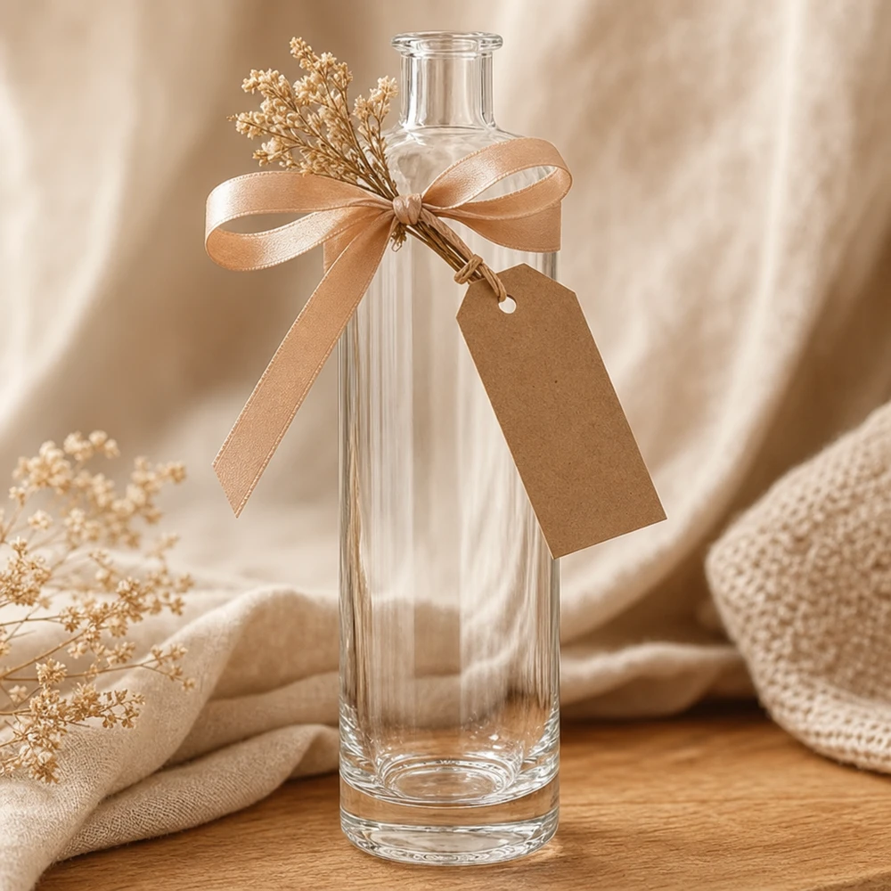 500 ml glazen fles Ella zonder sluiting UNiTWIST® 500 ml glazen fles Ella UNiTWIST als geschenk versierd met satijnen lint hanger gedroogde bloemen decoratie styling