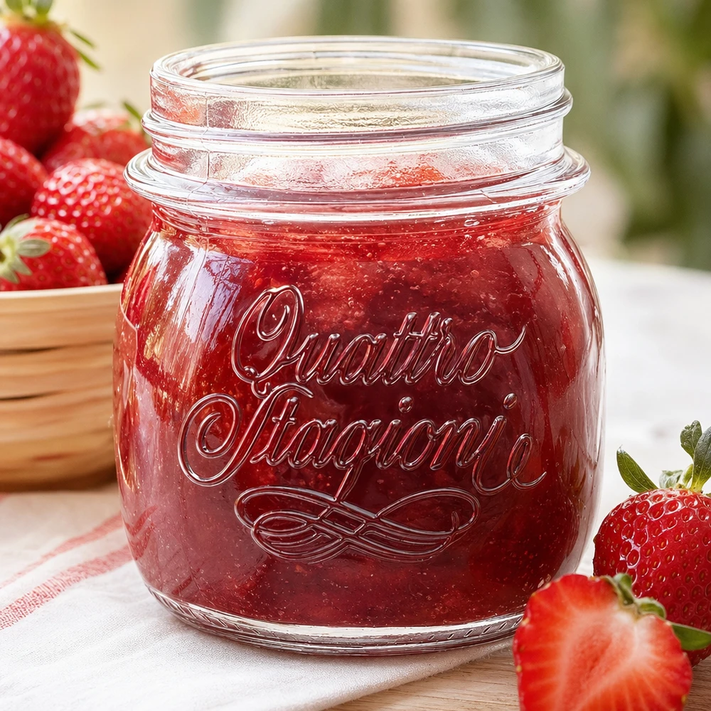 250 ml Quattro Stagioni huishoudpot gevuld met aardbeienjam naast verse aardbeien op houten tafel