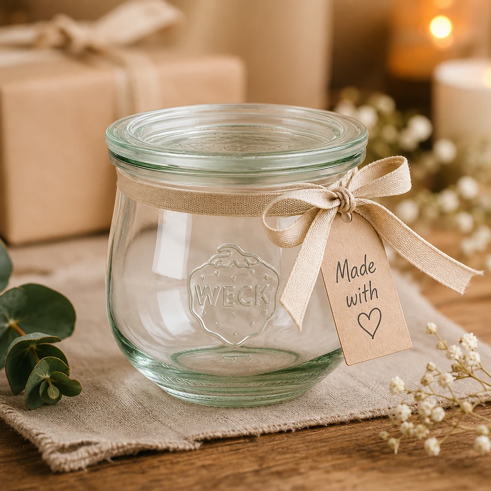 370ml tulpenglas met glazen deksel WECK RR80 WECK tulp pot 370ml RR80 als een geschenk met beige strik en Made with Love tag in een feestelijke sfeer