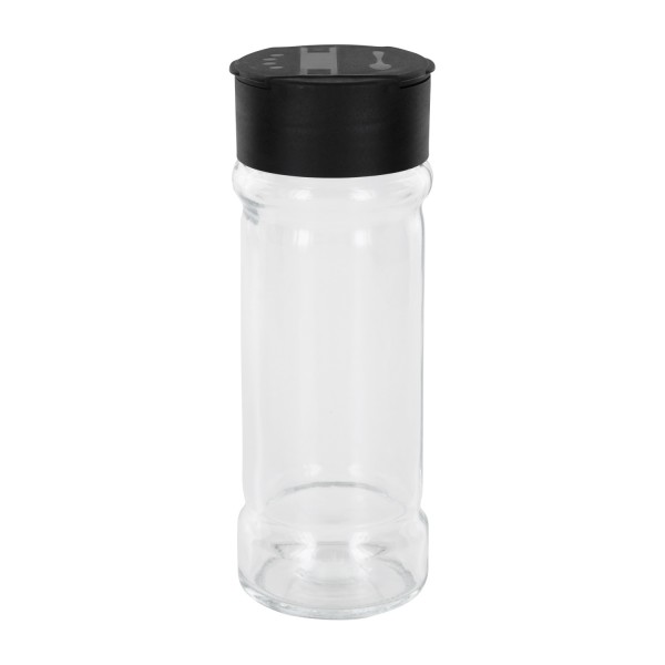 Glazen kruidenpotje cilindervorm 100 ml met 41 mm schroefdraad, helder glas incl. strooi-schroefsluiting zwart