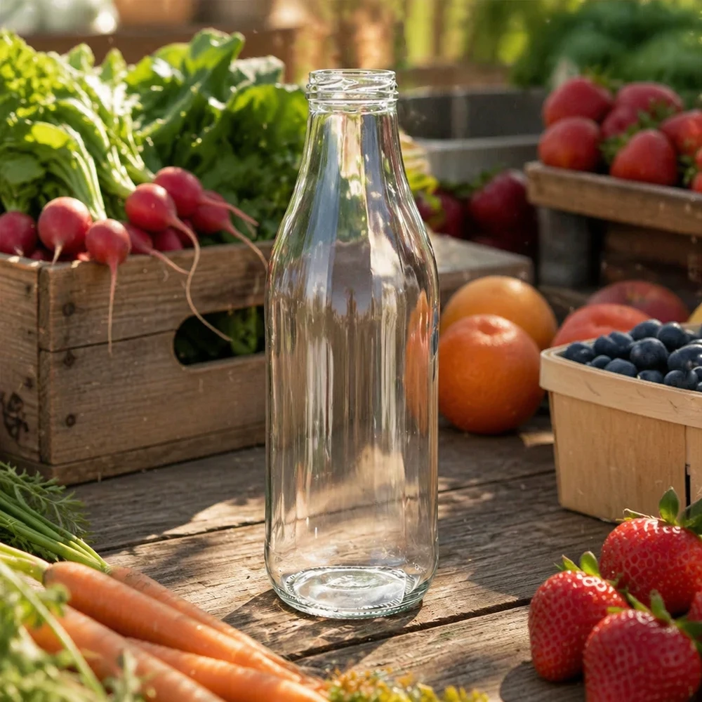 1000ml fles zonder deksel (TO48) UNiTWIST 1000ml UNiTWIST glazen fles TO48 leeg op houten tafel met vers fruit en groenten Outdoor decor natuur look
