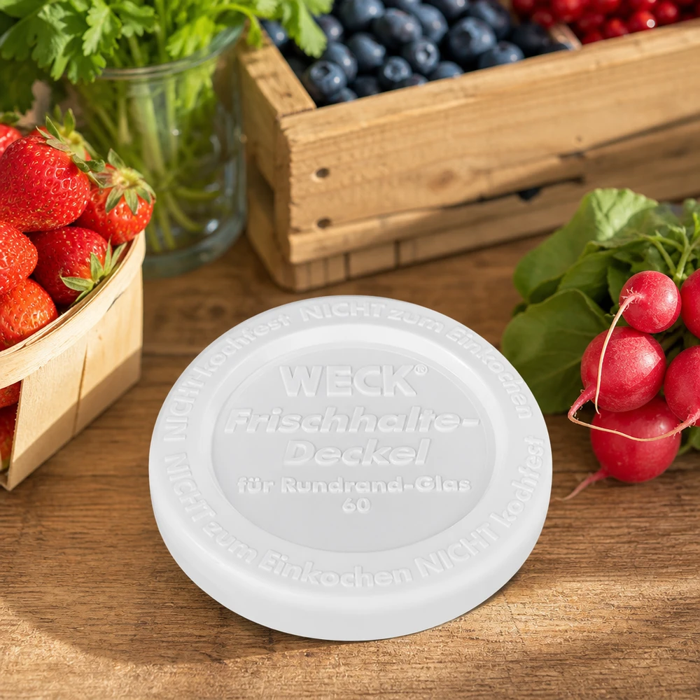 WECK vershoudend deksel RR60 WECK Keep-fresh deksel RR60 Lifestyle tafereel houten tafel vers fruit groenten aardbeien bosbessen radijs kruiden