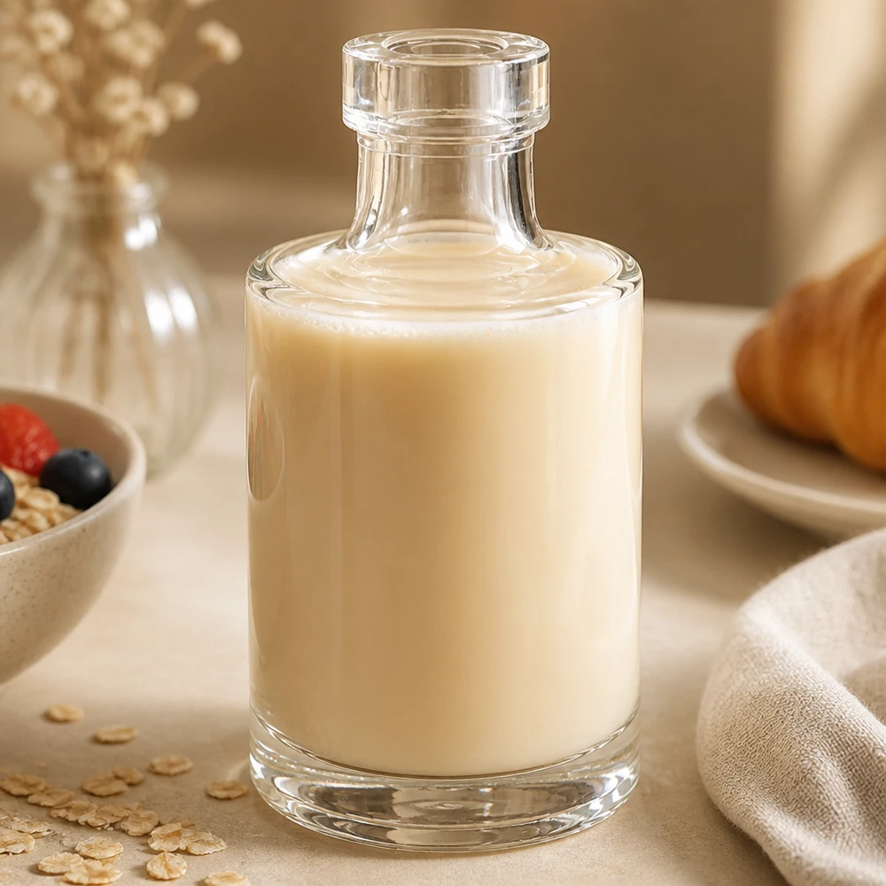100ml Marie glazen fles met romige inhoud in een stijlvol keukensetting met muesli en havervlokken als decoratie