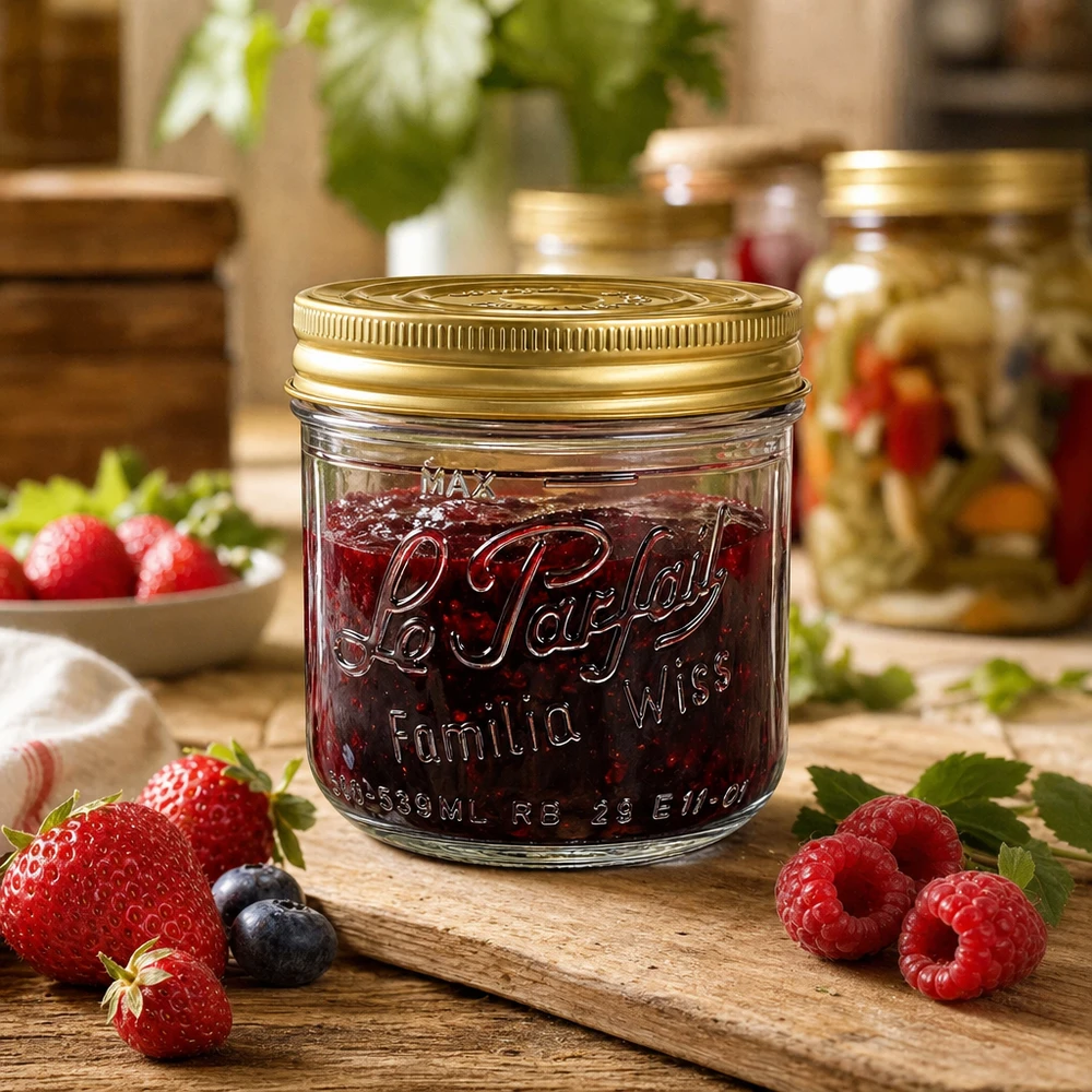Le Parfait® Familia Wiss 500 g Ø100 mm pot Familia Wiss 539ml mason jar met gouden schroefdeksel op houten plank met aardbeien, frambozen en jam