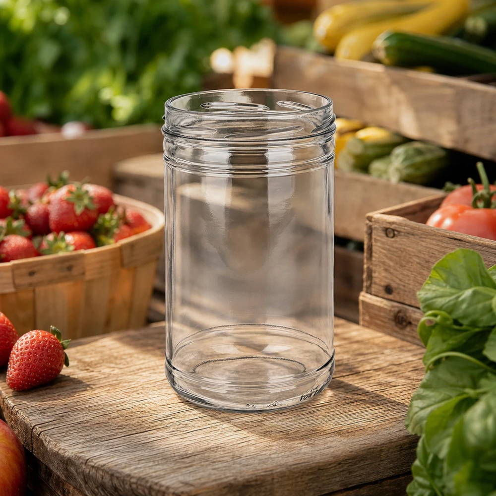 1053ml beker zonder deksel (TO100) UNiTWIST UNiTWIST trommels 1053ml TO100 lege inmaakpot tussen verse groenten en aardbeien op houten plank in keuken