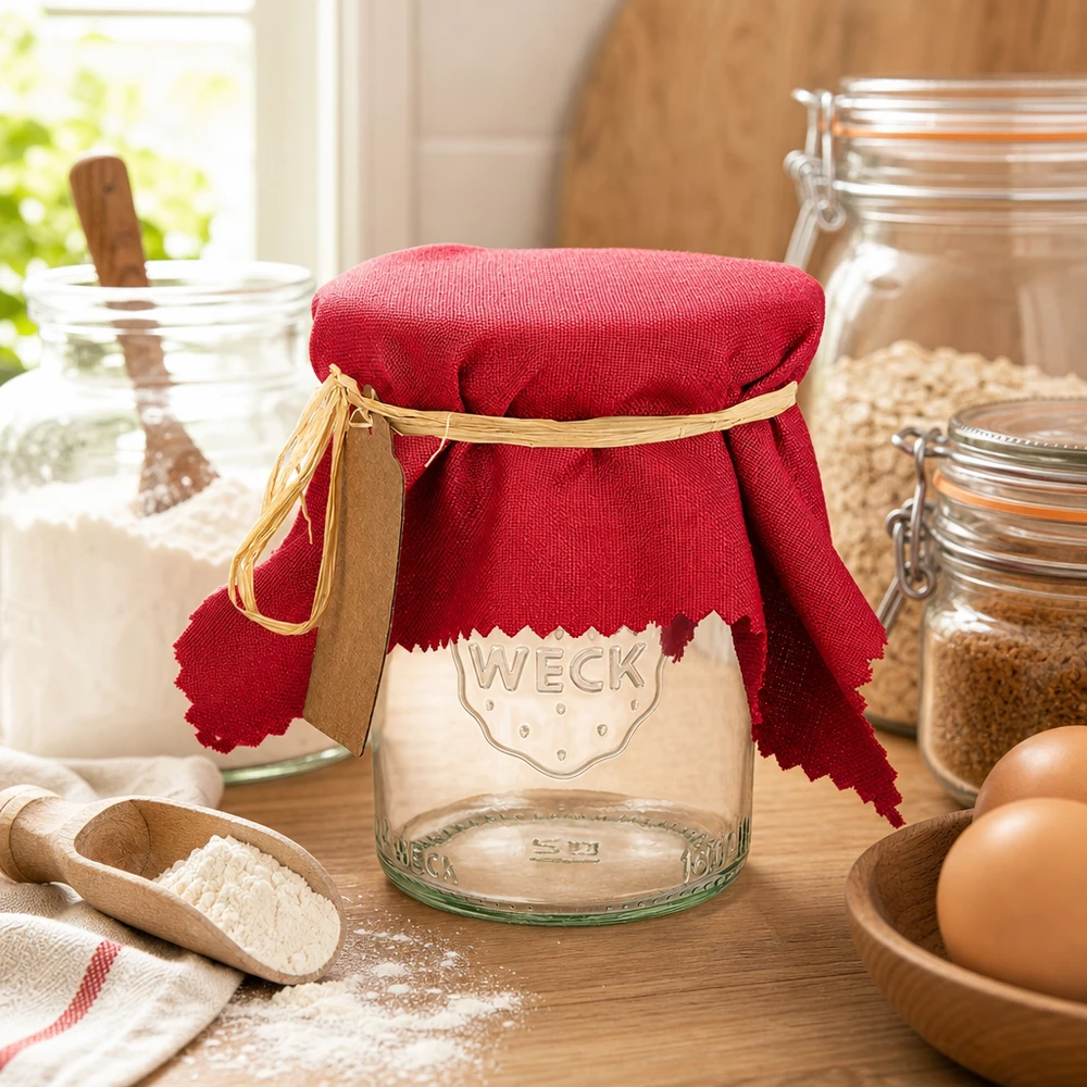 Stoffen sieraden doily bordeaux 15cm vierkant Bordeauxrode stoffen doily 15cm op WECK pot met raffia lint in gezellige landhuiskeuken met eieren en bloem