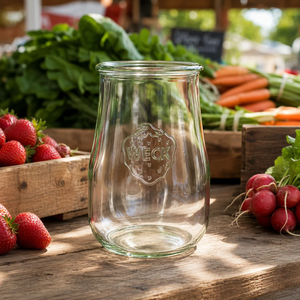 WECK tulpenpot 1750ml RR100 leeg op houten tafel met verse marktgroenten radijs wortelen ideaal voor meal prep
