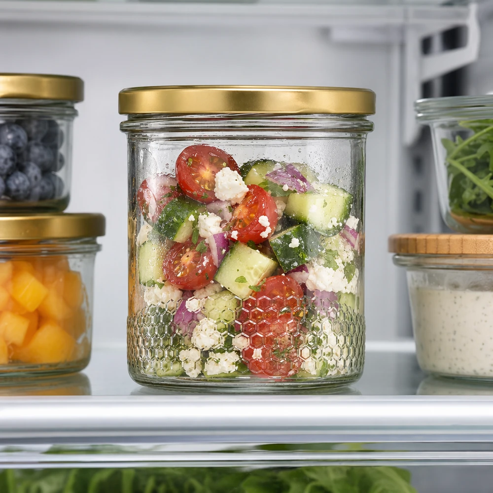 Honingpot 560 g met gouden BasicSeal UNiTWIST-deksel 400ml honingpot met BasicSeal deksel goud UNiTWIST als saladepot in de koelkast gevuld met Griekse salade