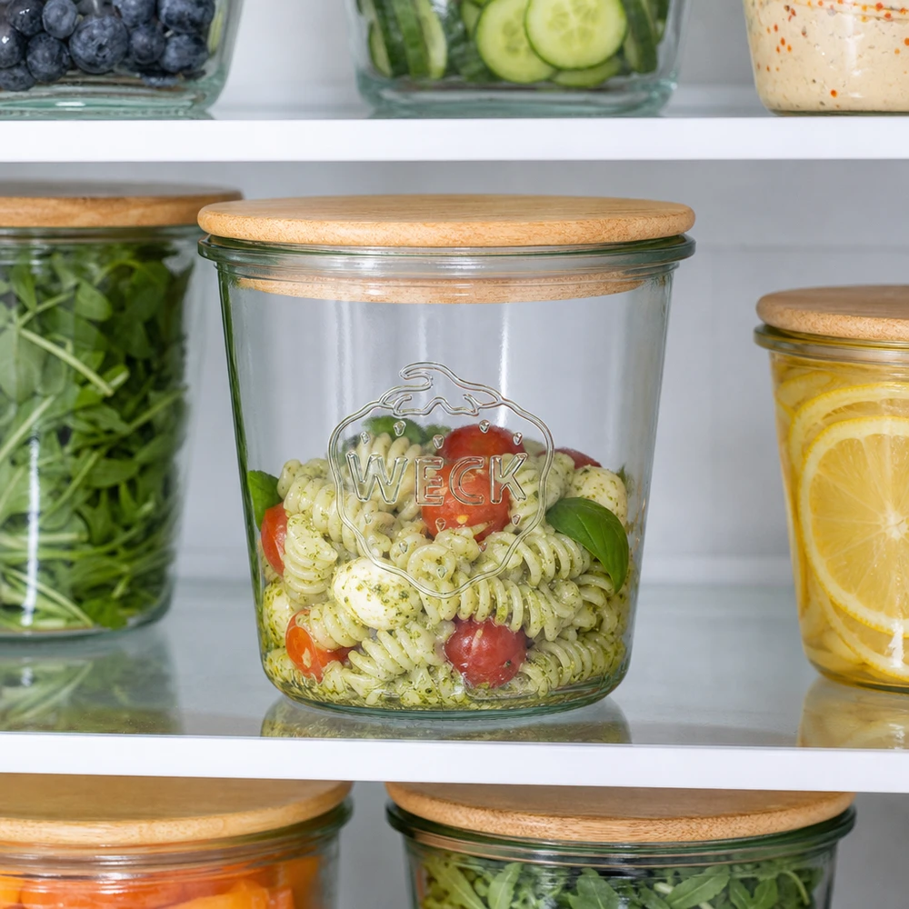 WECK 580 ml mason jar met houten deksel gevuld met pastasalade in de koelkast voor het bewaren van vers voedsel