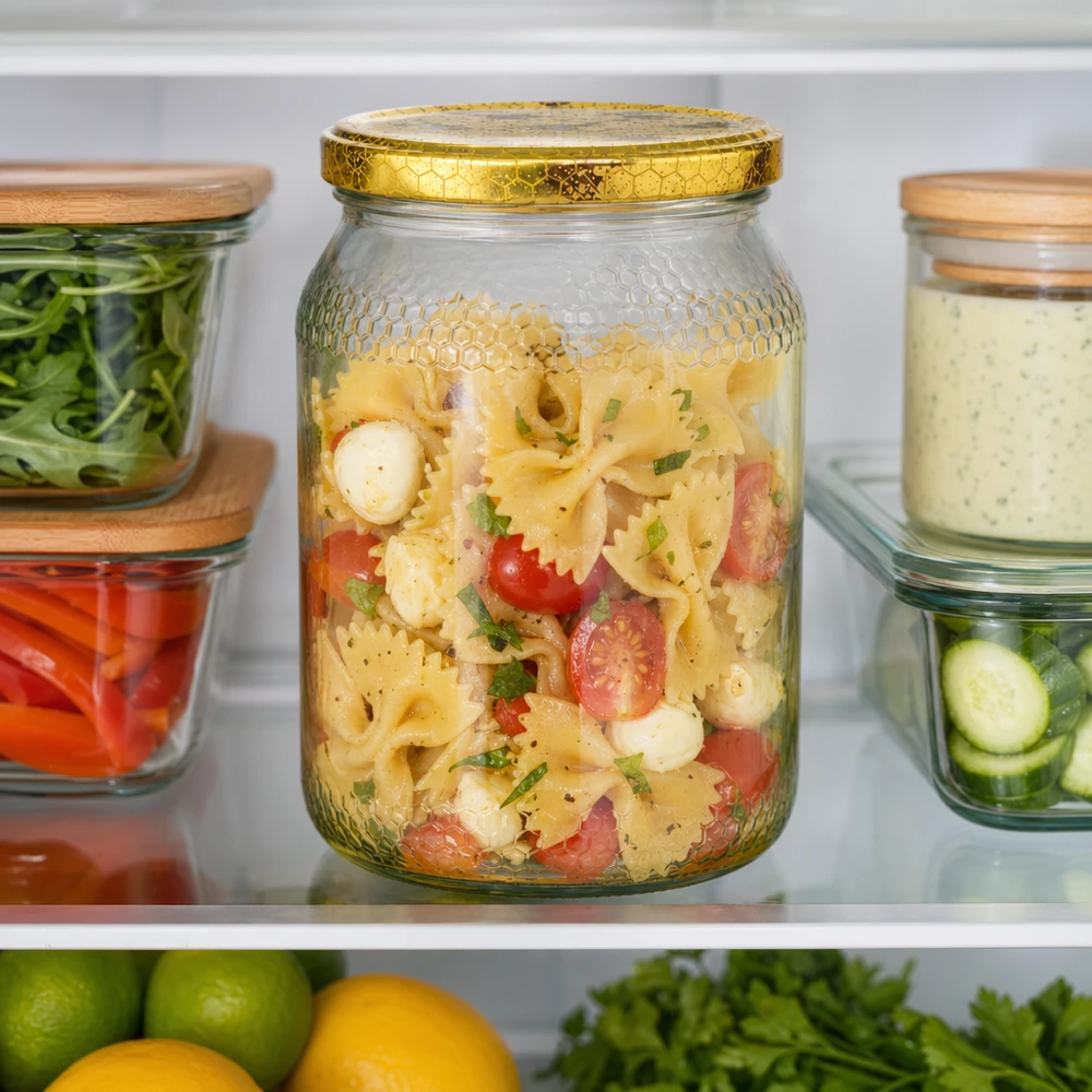 Honingpot 1260 g met honingraatmotief-deksel BasicSeal UNiTWIST 900ml Honigglas mit goldenem Bienenwaben-Deckel zur Nudelsalat-Aufbewahrung im Kühlschrank zwischen anderen Vorratsgläse