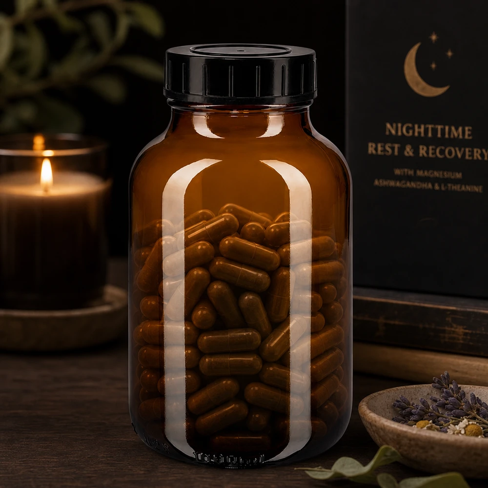 1000ml amberkleurige glazen fles met wijde opening en zwarte dop voor eenvoudig vullen